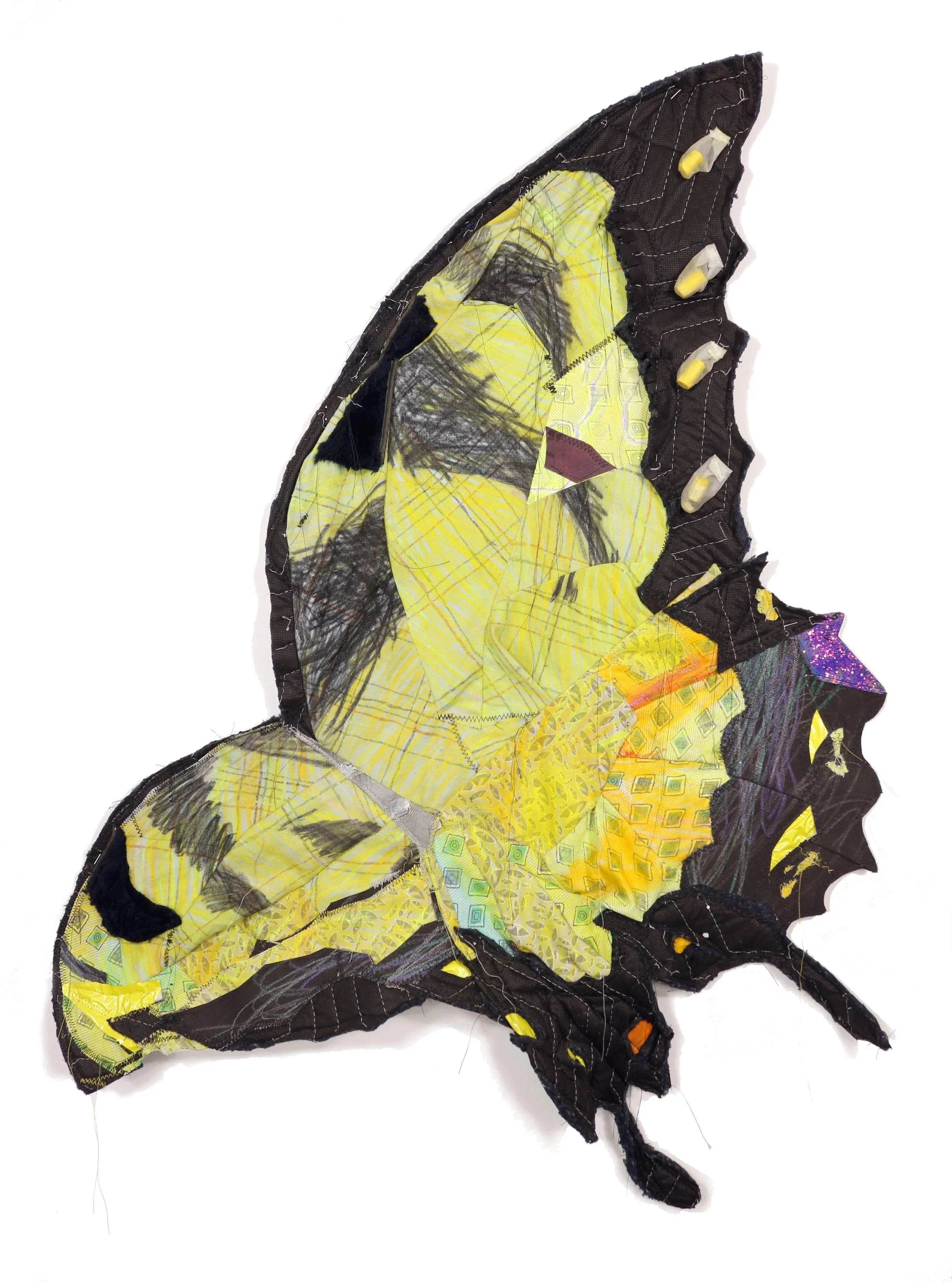  Tiger Swallowtail, 2023  colored pencils on hospital gowns, pastels and colored pencils on scrubs, cut recycled paintings, moving blankets, glitter, broken crayons  38in x 34in    