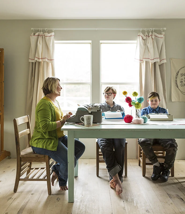 Jerusalem and her two boys, Wylie and Miles, all have a love of writing throwback style. Photo by Rett Peek