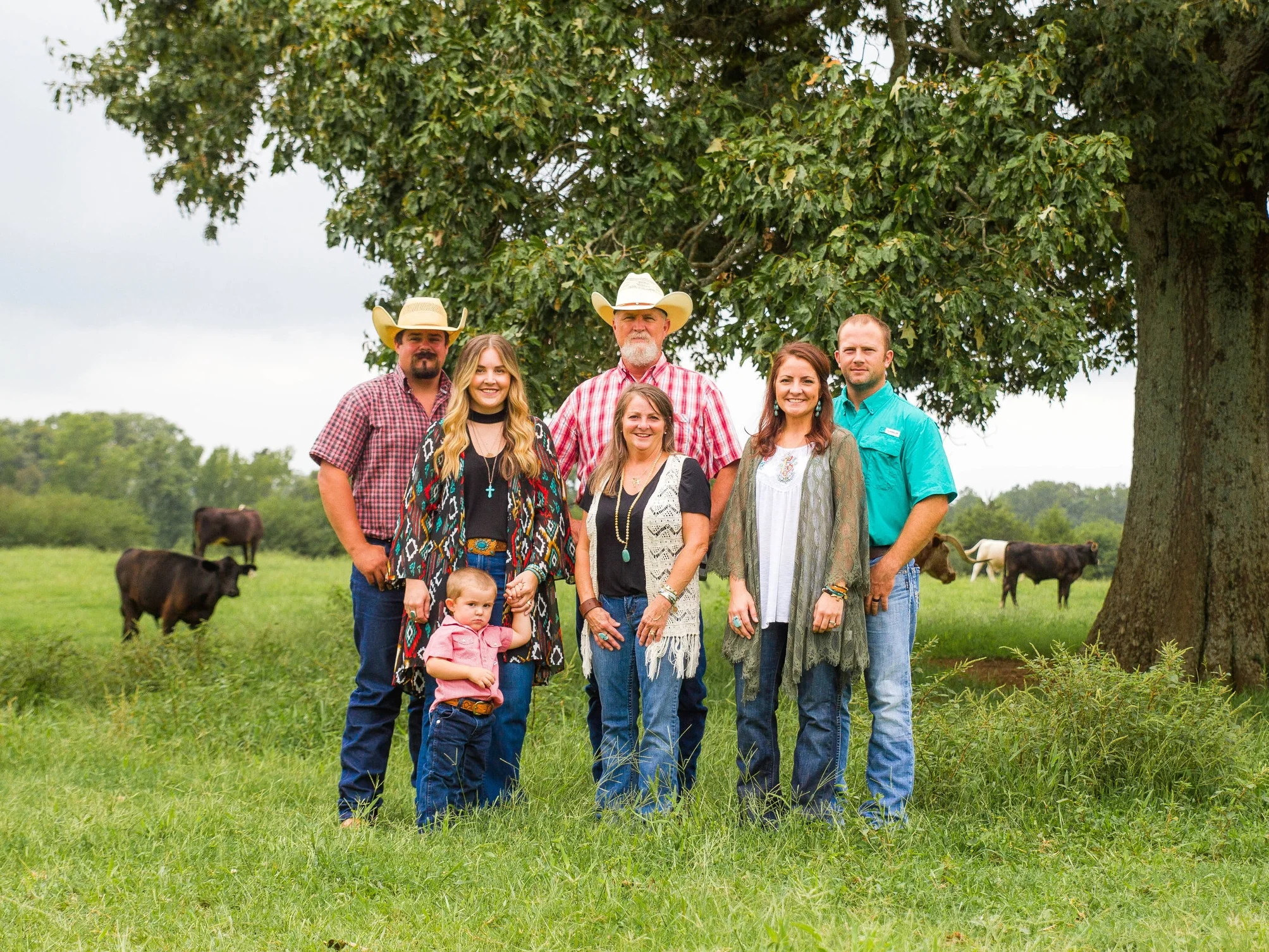 from left) Nathan Cox, Heather Cox, Jasper Cox, Raymond Daley Jr., Cendie Daley, Amanda Galloway and Travis Galloway on the family farm.