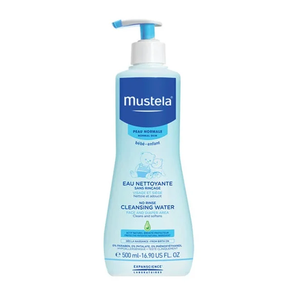I was surprised how irritated Hank’s face got—even from products marked “gentle.” I found Mustela’s No Rinse Cleansing Water. I use it every morning to wash his face, neck and head.