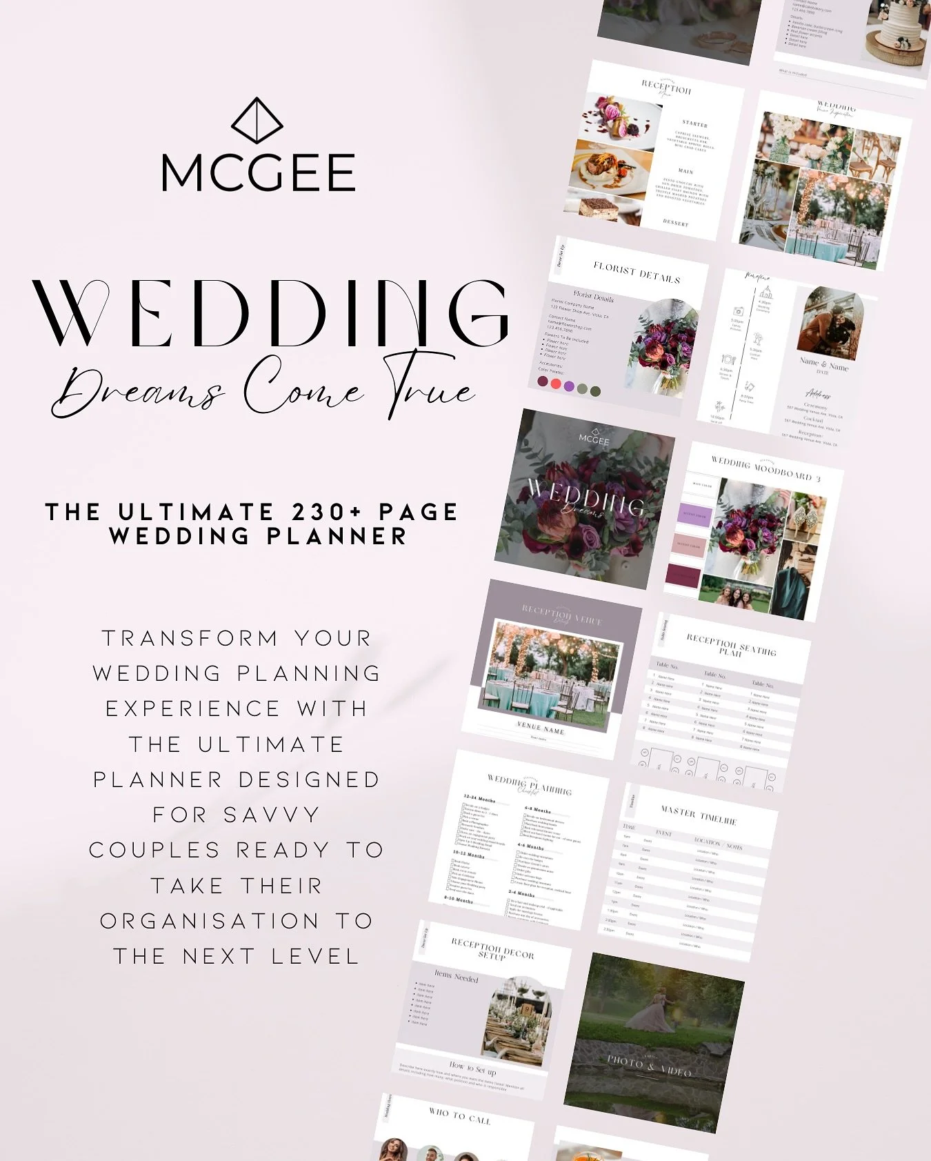 Transform your wedding planning experience with Wedding Dreams Come True, the ultimate 230+ page planner designed for savvy couples ready to take their organisation to the next level. 

Packed with everything you need to plan your big day like a pro,