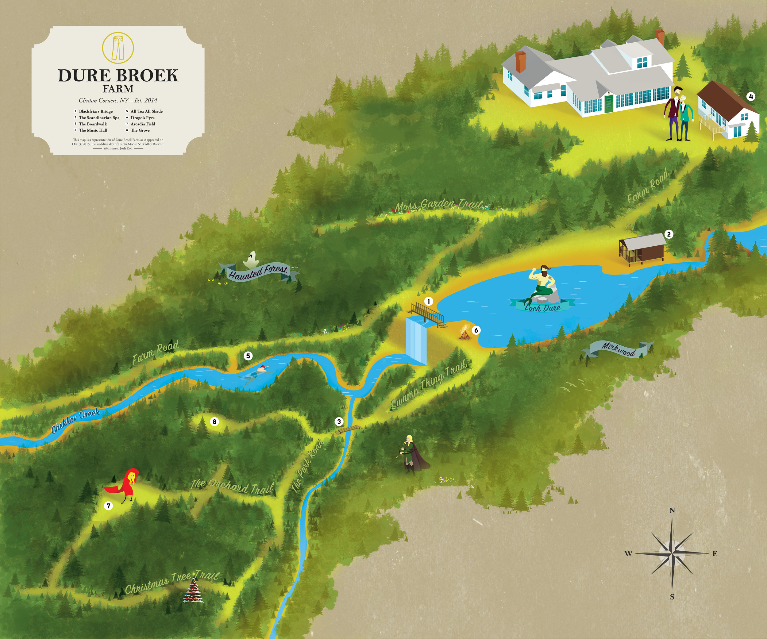 Client: Curtis Moore & Bradley Rolston Project: Illustrated map of an expansive and labrynth-like property in upstate New York for guests to use at the owners' wedding, which took place there in the fall. (Dure Broek is dutch for