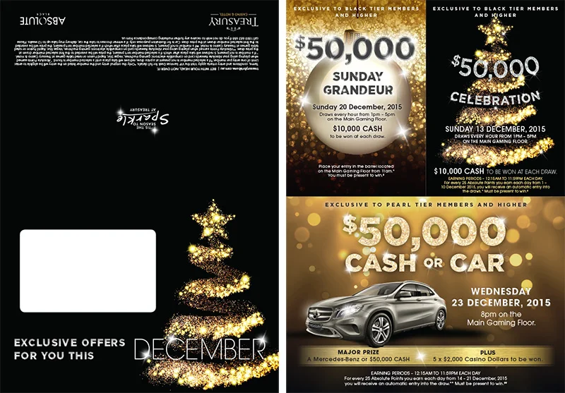 Direct mailer – Black rewards tier Christmas theme, includes gaming promotion concepts