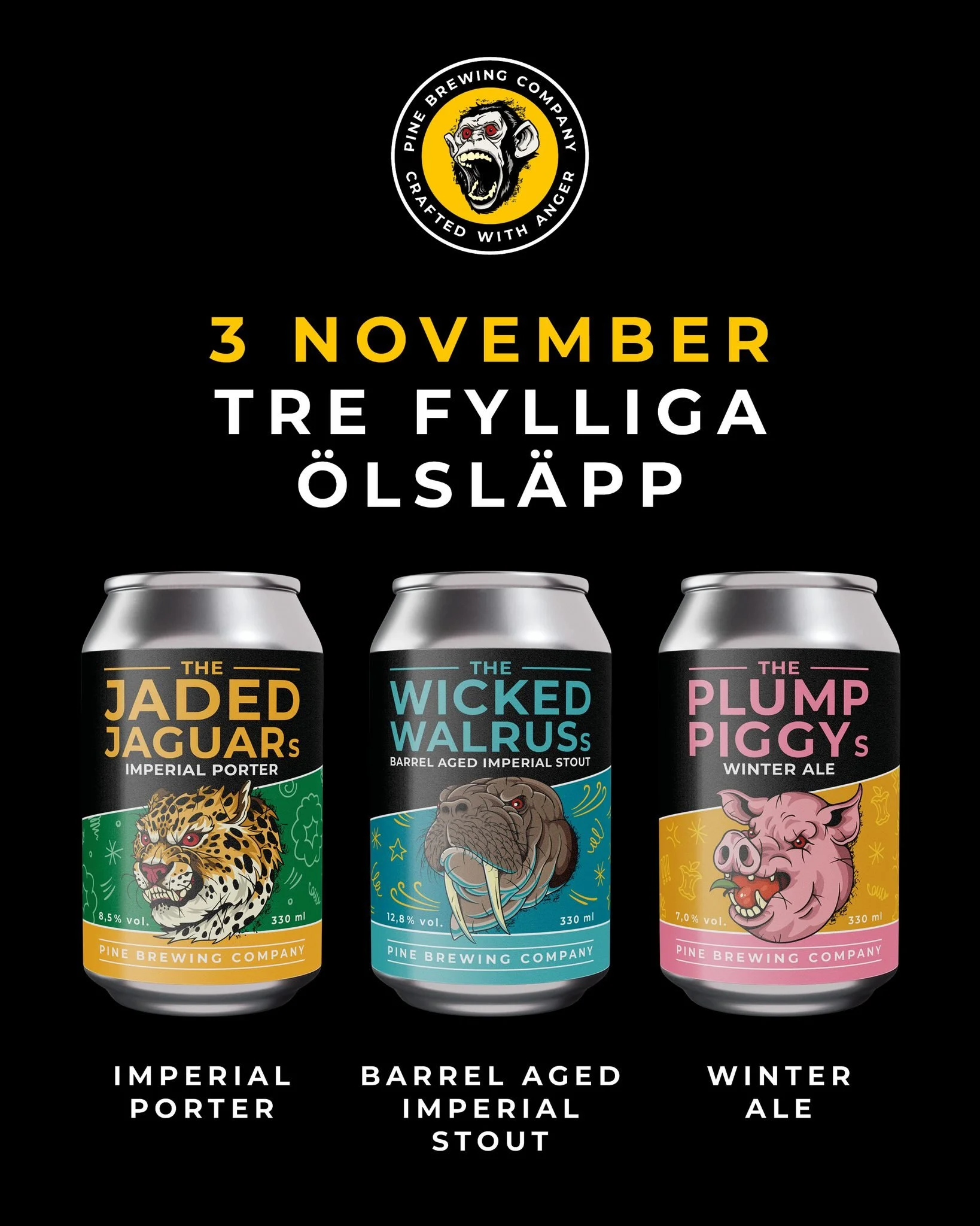 🍂 Pine Brewing Company sl&auml;pper tre kraftfulla och fylliga hantverks&ouml;l 

Pine Brewing Company sl&auml;pper tre &ouml;l p&aring; Systembolaget den 3 november: The Wicked Walrus&rsquo;s Barrel Aged Imperial Stout, The Jaded Jaguar&rsquo;s Imp