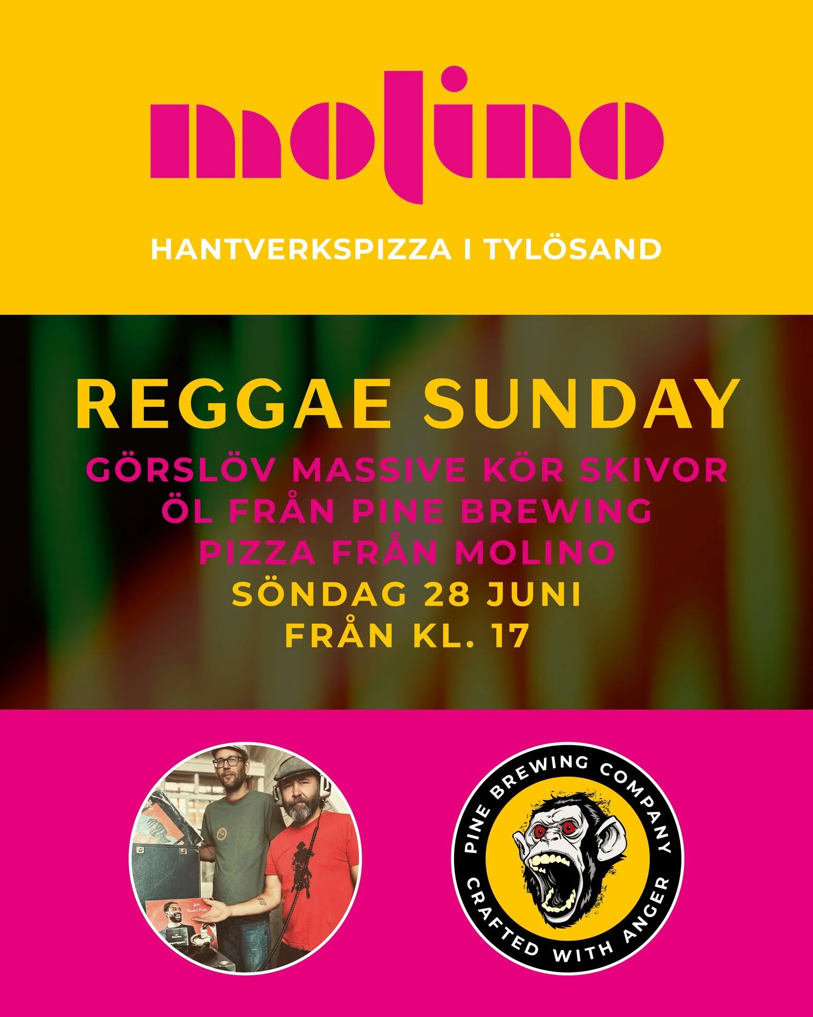🌴🍕🍺 REGGAE SUNDAY P&Aring; MOLINO!

Molino bjuder vi in till en sk&ouml;n s&ouml;ndagskv&auml;ll med reggae, pizza och kall hantverks&ouml;l!

🎧 G&ouml;rsl&ouml;v Massive spelar skivor
🍺 Hantverks&ouml;l fr&aring;n Pine Brewing Company
🍕 Pizza 