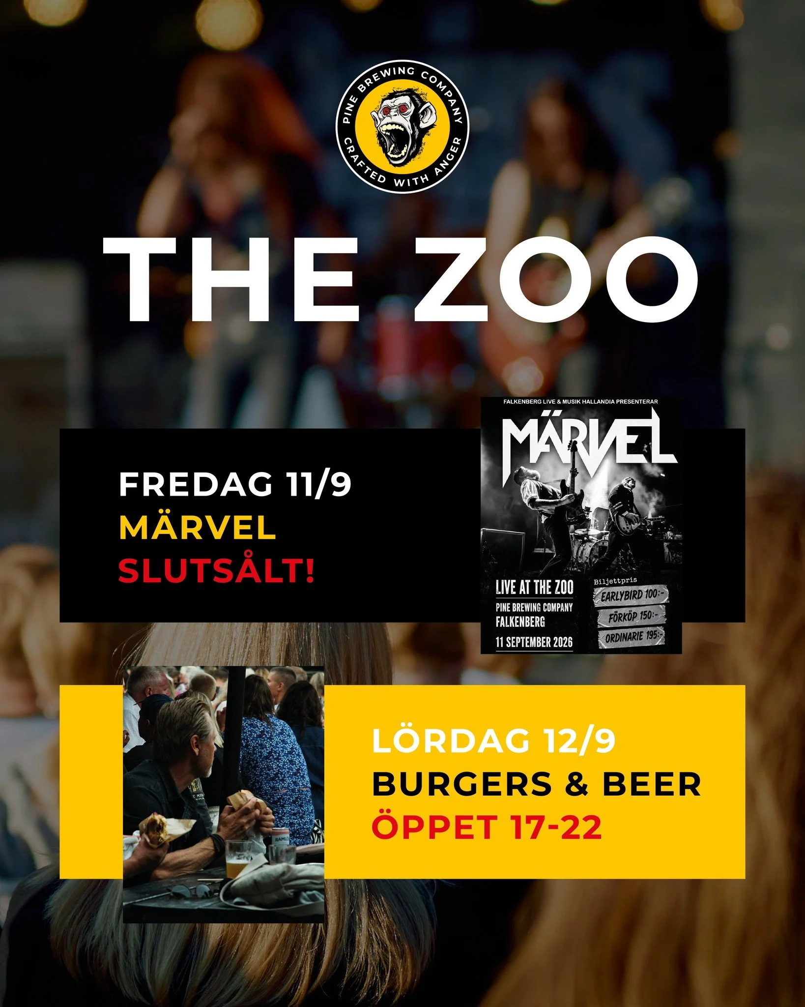 🐙 Helgen p&aring; The Zoo! 

🤘 Ikv&auml;ll &auml;r det spelning med M&auml;rvel! SLUTS&Aring;LT - inga biljetter s&auml;ljs i d&ouml;rren. 

🍔 Imorgon k&ouml;r vi Burgers &amp; Beer, kl. 17-22. 

💛 Varmt v&auml;lkomna!