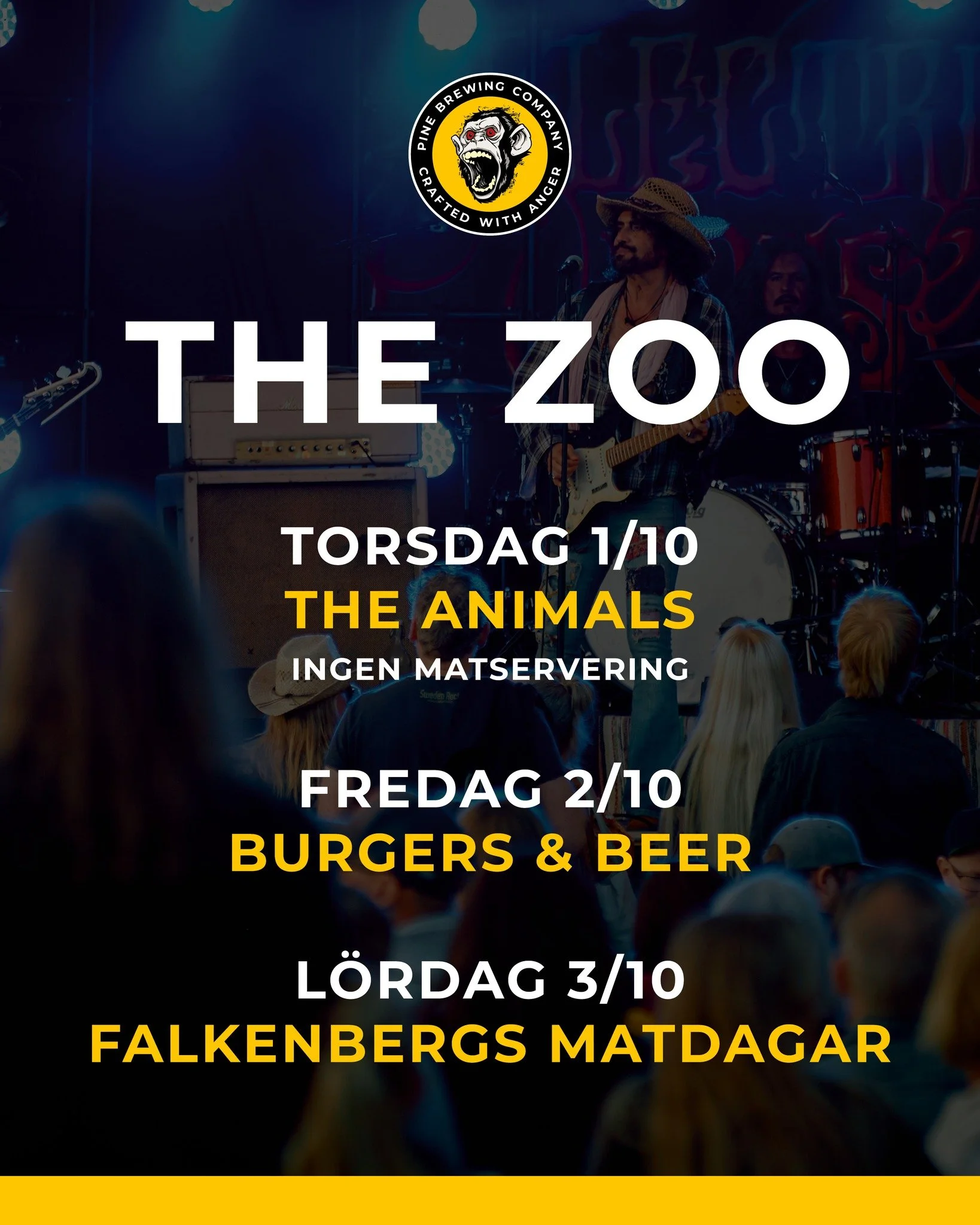 Tre anledningar att h&auml;nga p&aring; The Zoo. 💛

🎸 Torsdag 1/10, insl&auml;pp kl. 18
The Animals intar scenen. Ingen matservering &ndash; men desto mera musik och dryck! K&ouml;p era biljetter via Ticketmaster.

🍔 Fredag 2/10, kl. 17-22
Burgers