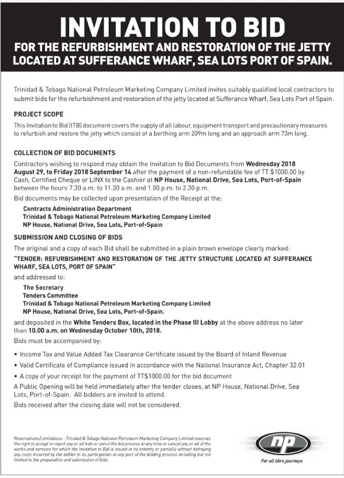 NP: Invitation to Bid - For refurbishment and restoration of the jetty located at Sufferance Wharf, Sea Lots, Port of Spain