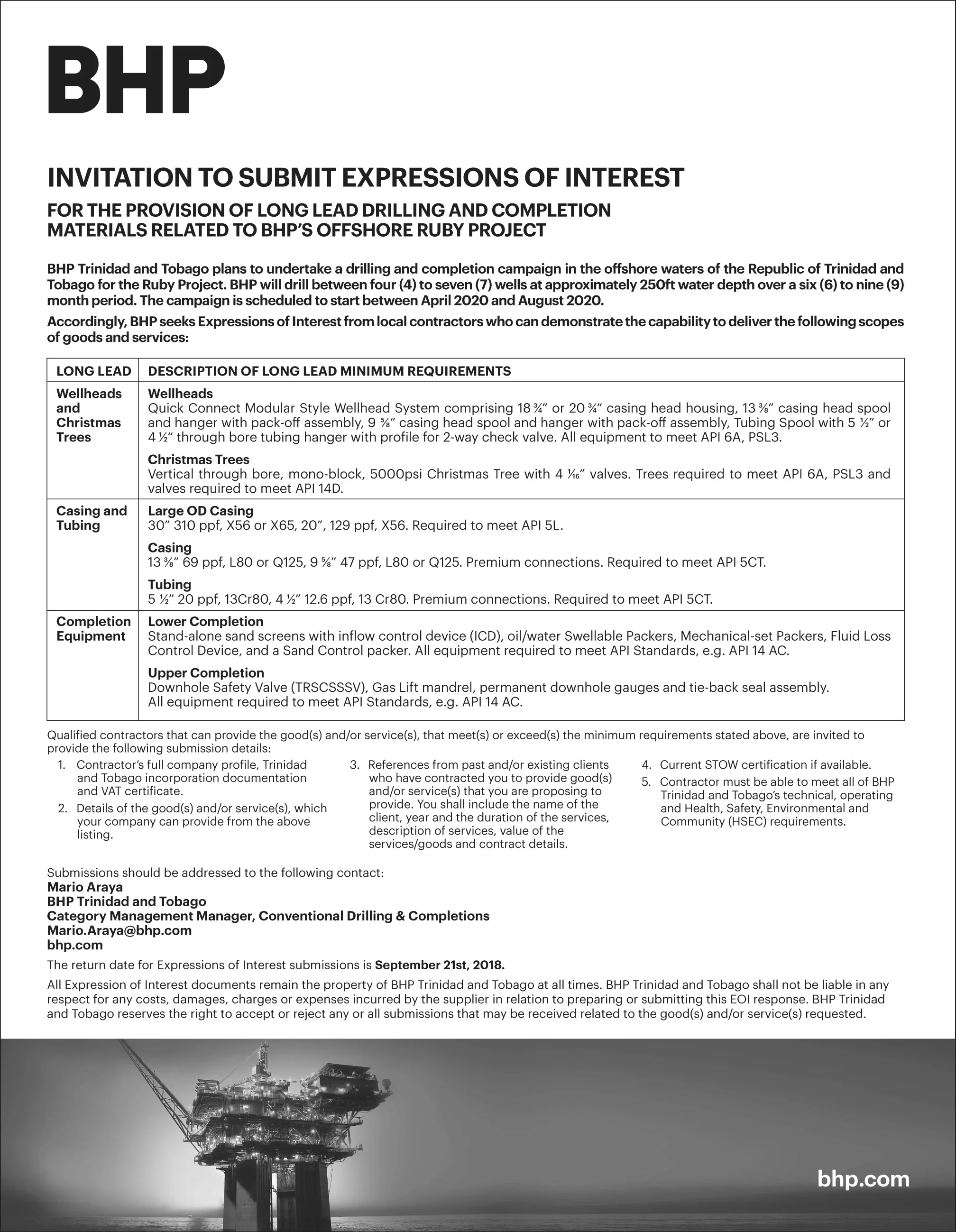 BHP: EOI for provision of long lead drilling and completion materials related to the offshore Ruby Project