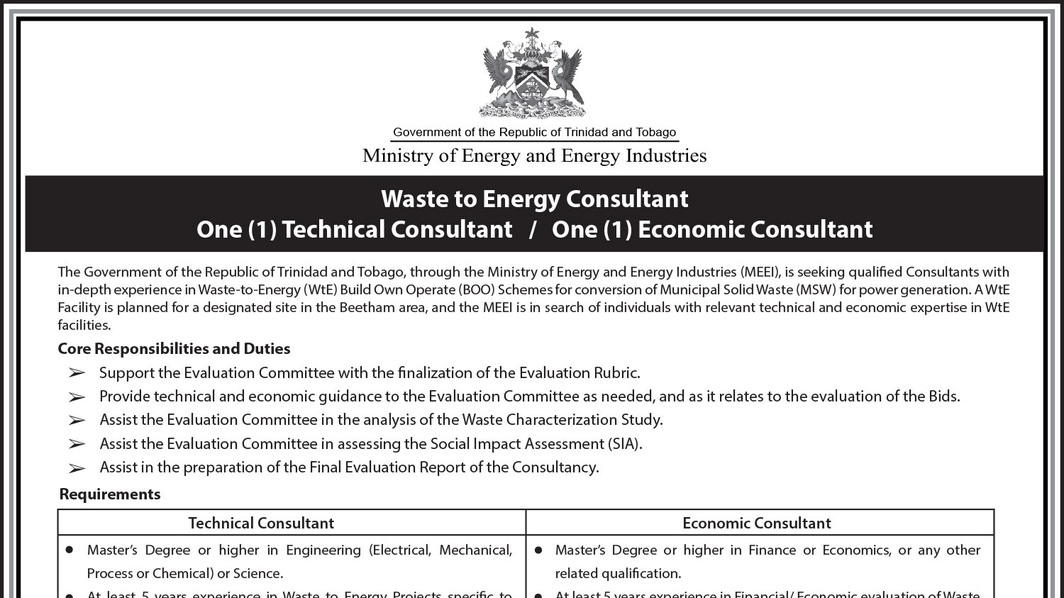 Ministry of Energy: Waste to Energy Consultant