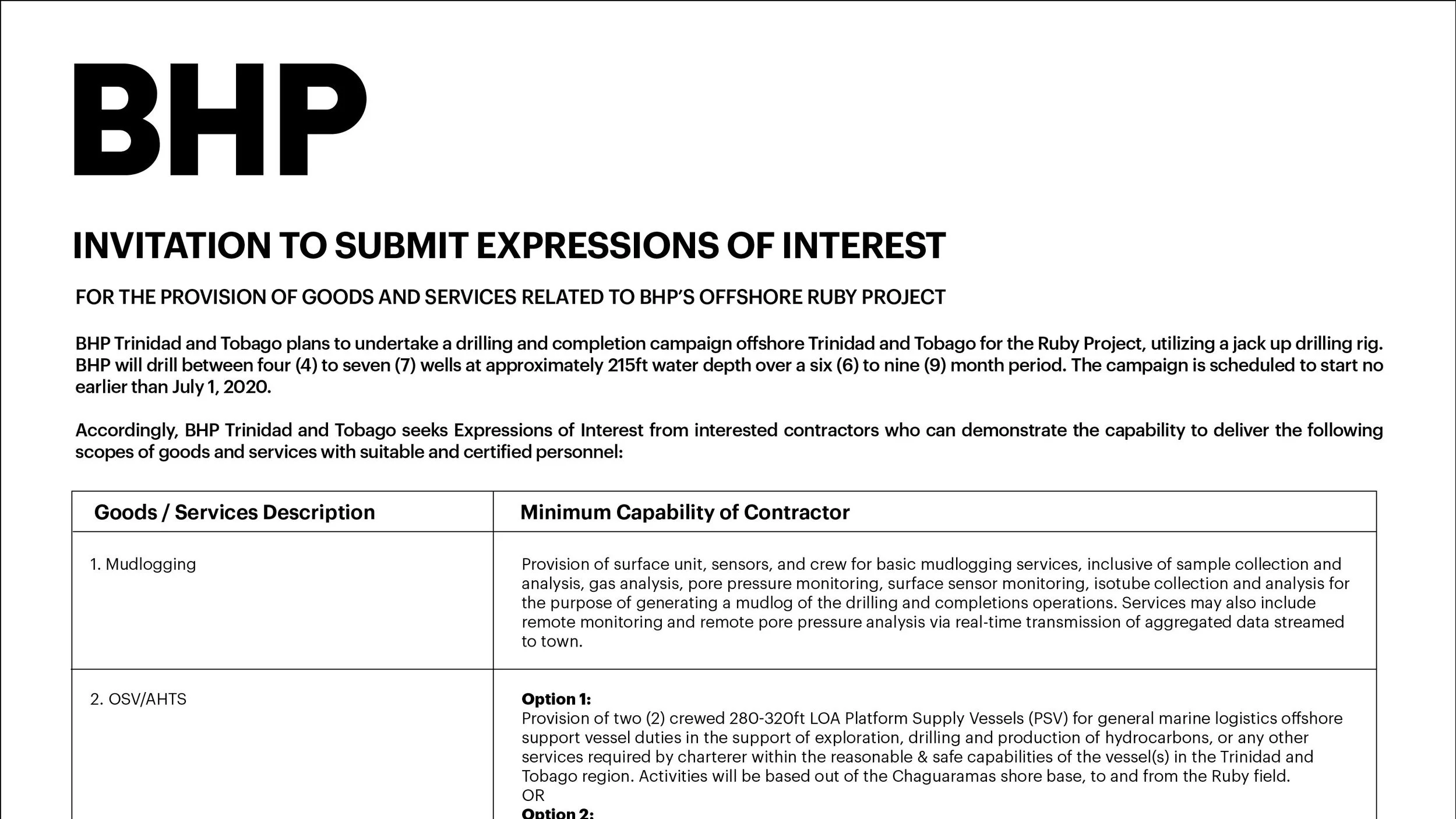 BHP EOI for Mudlogging and OSV/AHTS