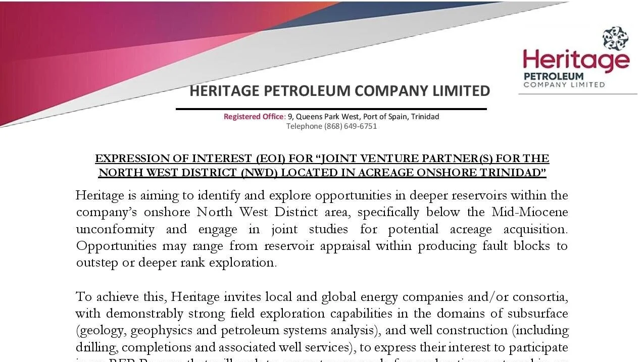 Heritage Petroleum Expression of Interest for Joint Venture Partners for North West District located onshore Trinidad 