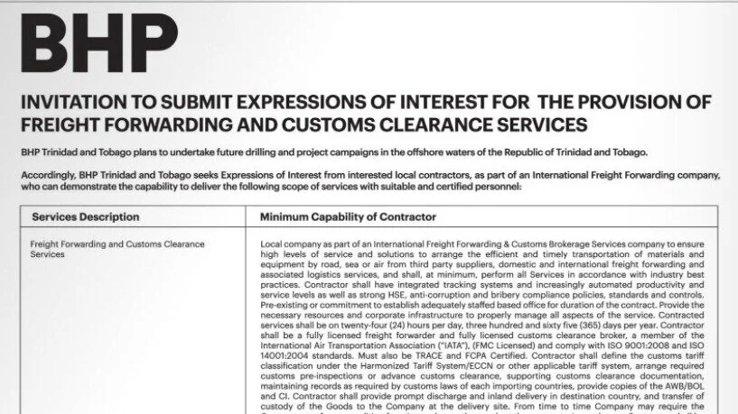BHP EOI for provision of Freight Forwarding and Customs Clearance Services