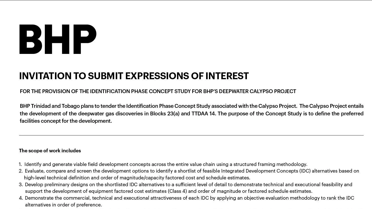 BHP Expression of Interest: Provision of the Identification Phase Concept Study for BHP's Deepwater Calypso Project