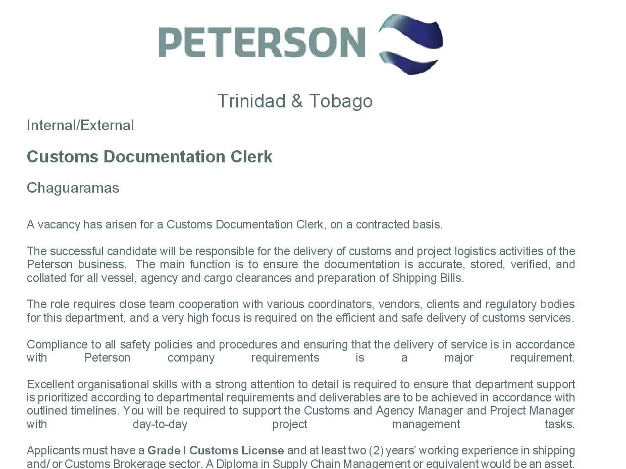Peterson: Customs Documentation Clerk