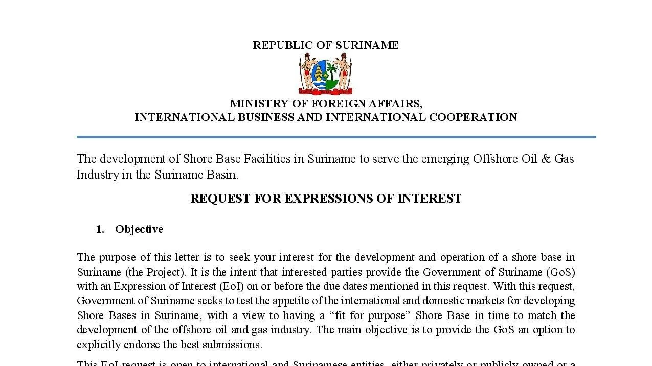 EOI: Ministry of Foreign Affairs, International Business and International Cooperation (Republic of Suriname)  -  Development of Shore Base Facilities in Suriname