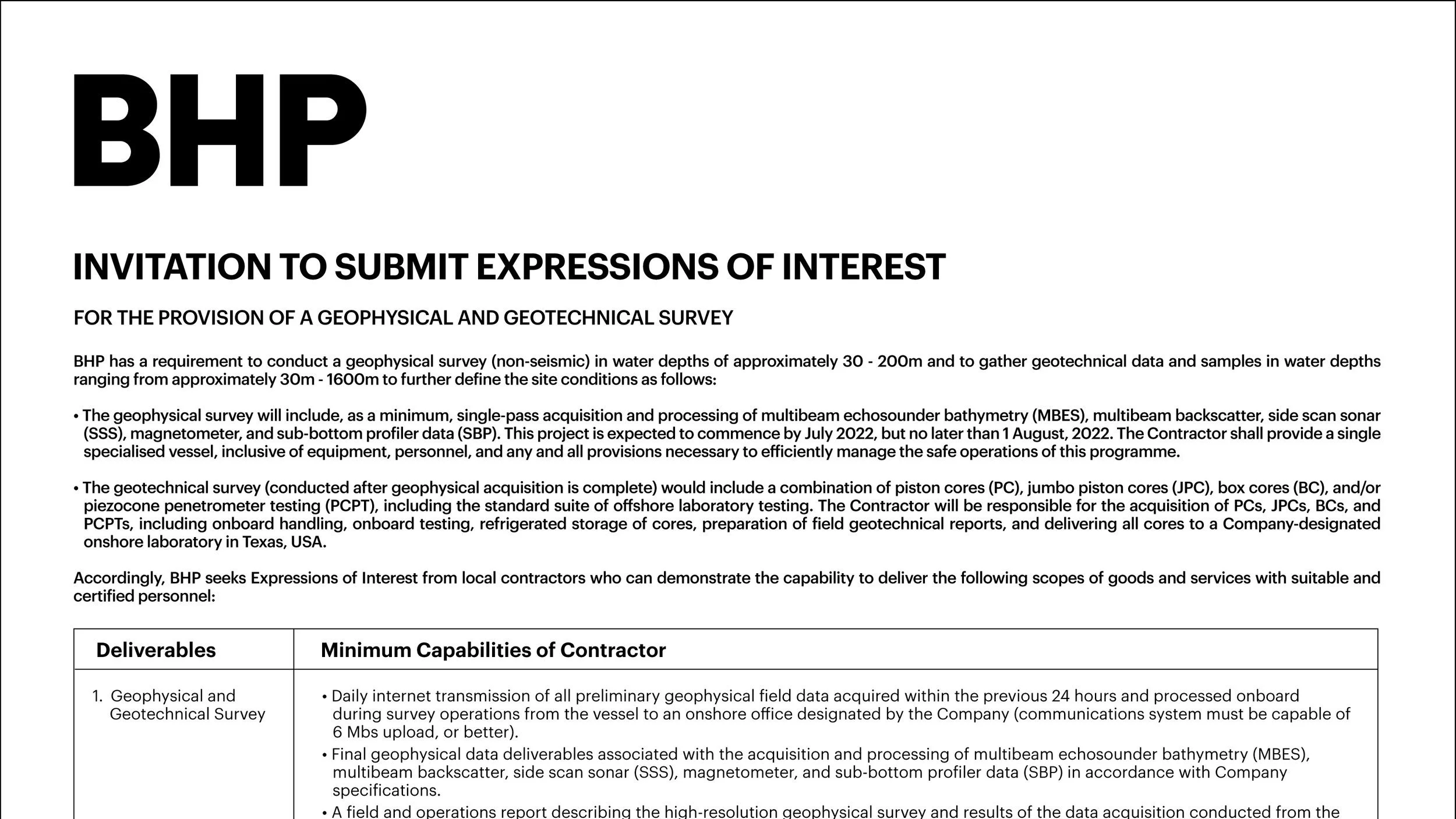 BHP invitation to submit expressions of interest: Geophysical and Geotechnical Survey