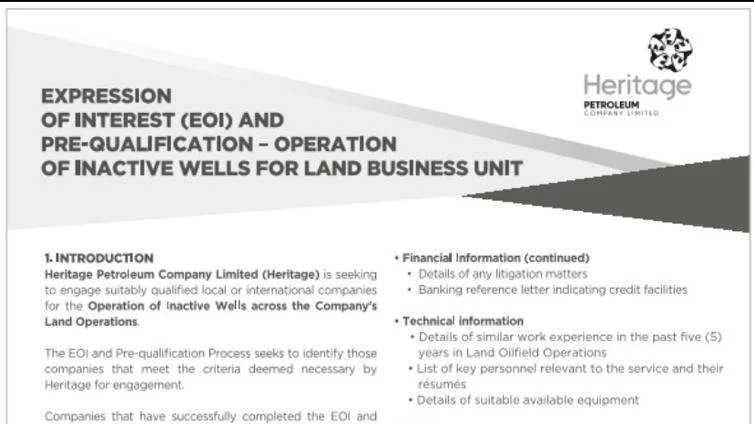 Expression of Interest and Pre Qualification -  Operation of Inactive Wells for Land Business Unit (Heritage)