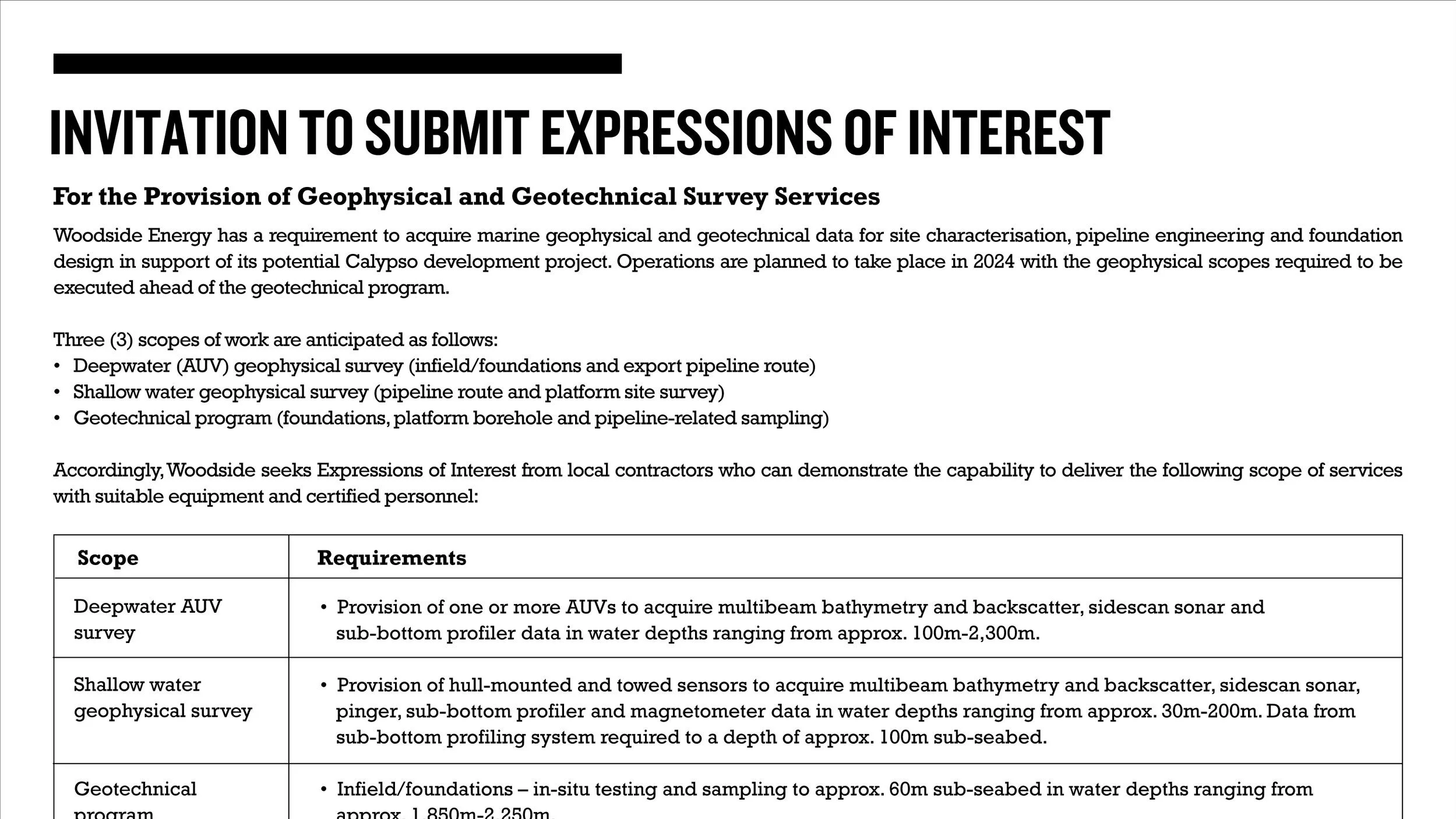 Woodside EOI for the provision of Geophysical and Geotechnical Survey Services in T&amp;T.