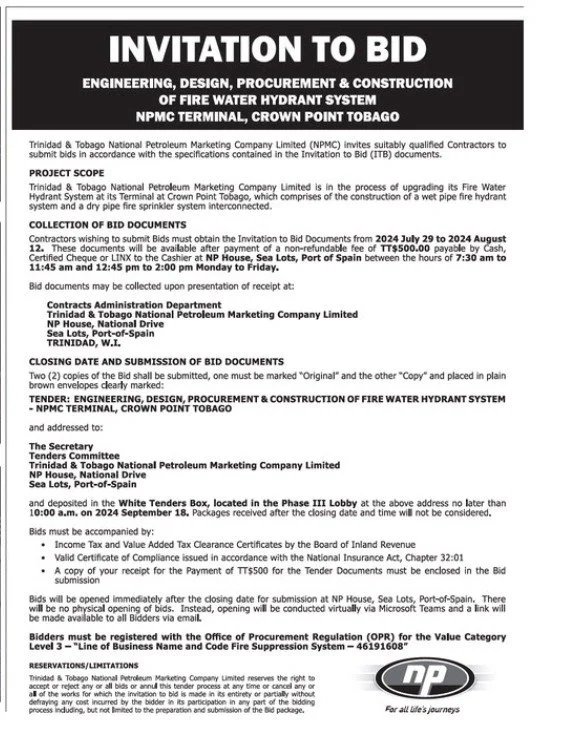 NP - Invitation to Bid: Engineering, Design, Procurement and Construction of Fire Water Hydrant System