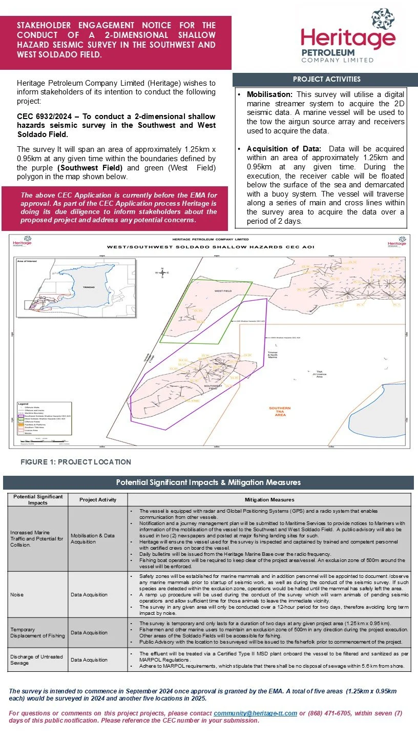 Heritage Petroleum: Stakeholder Engagement Notice for the conduct of a 2D shallow hazard seismic survey 