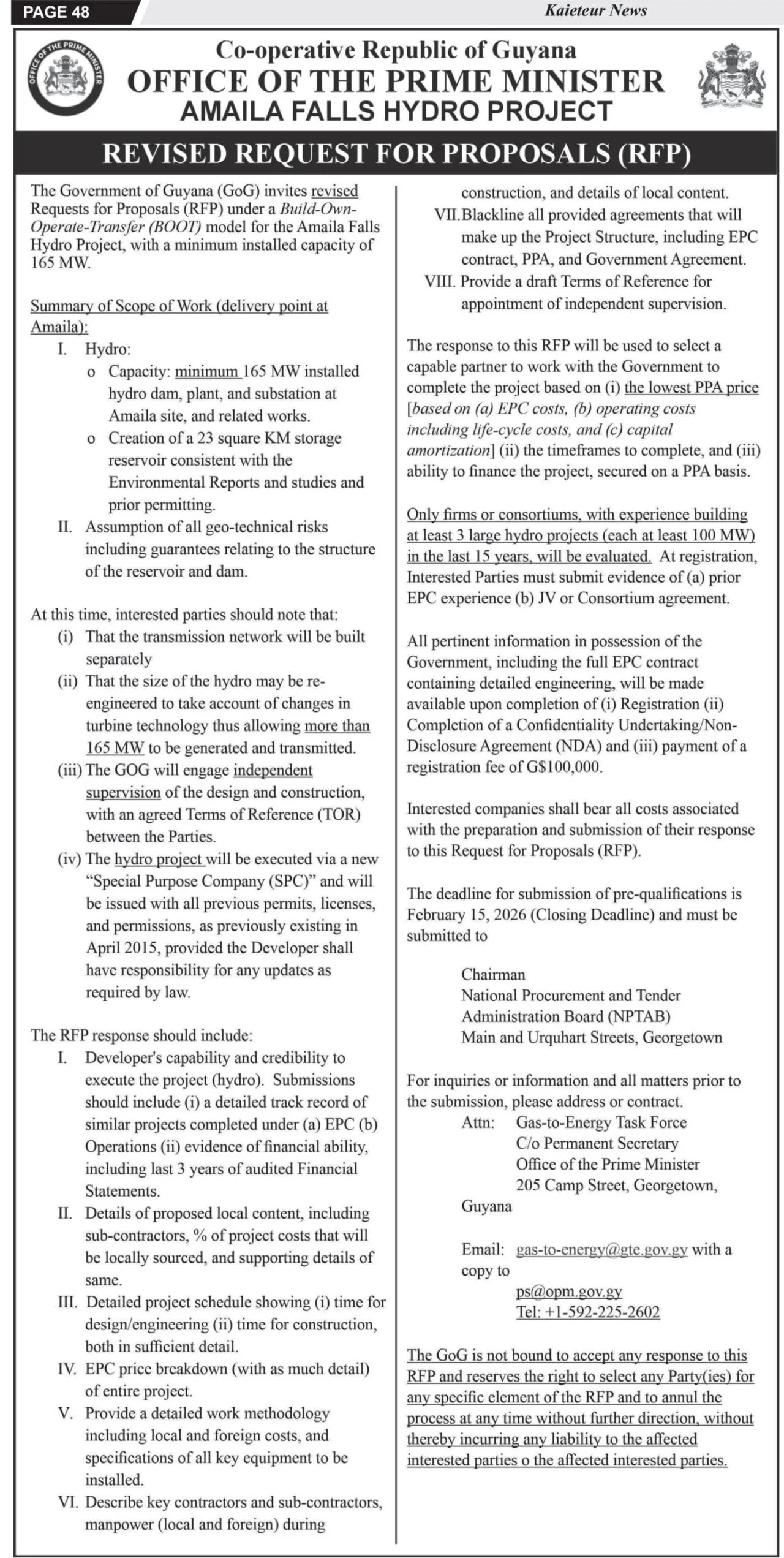 RFP: Office of the Prime Minister - Co-operative Republic of Guyana - Amalia Falls Hydro Project 