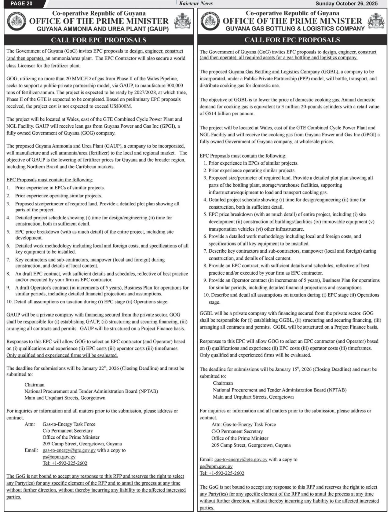 Call for Proposals: Office of the Prime Minister - Co-operative Republic of Guyana - Ammonia and Urea Plant