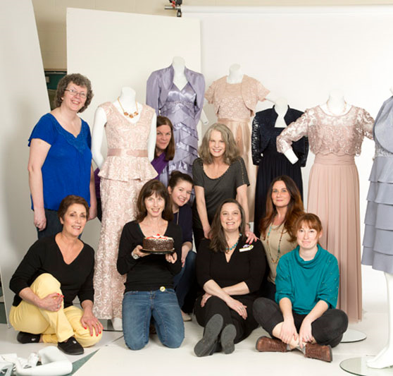 We took a short break from our "mother of the bride and groom" photo shoot to celebrate photographer Cheryl Clegg's birthday. Meanwhile, mannequins silently judge. 