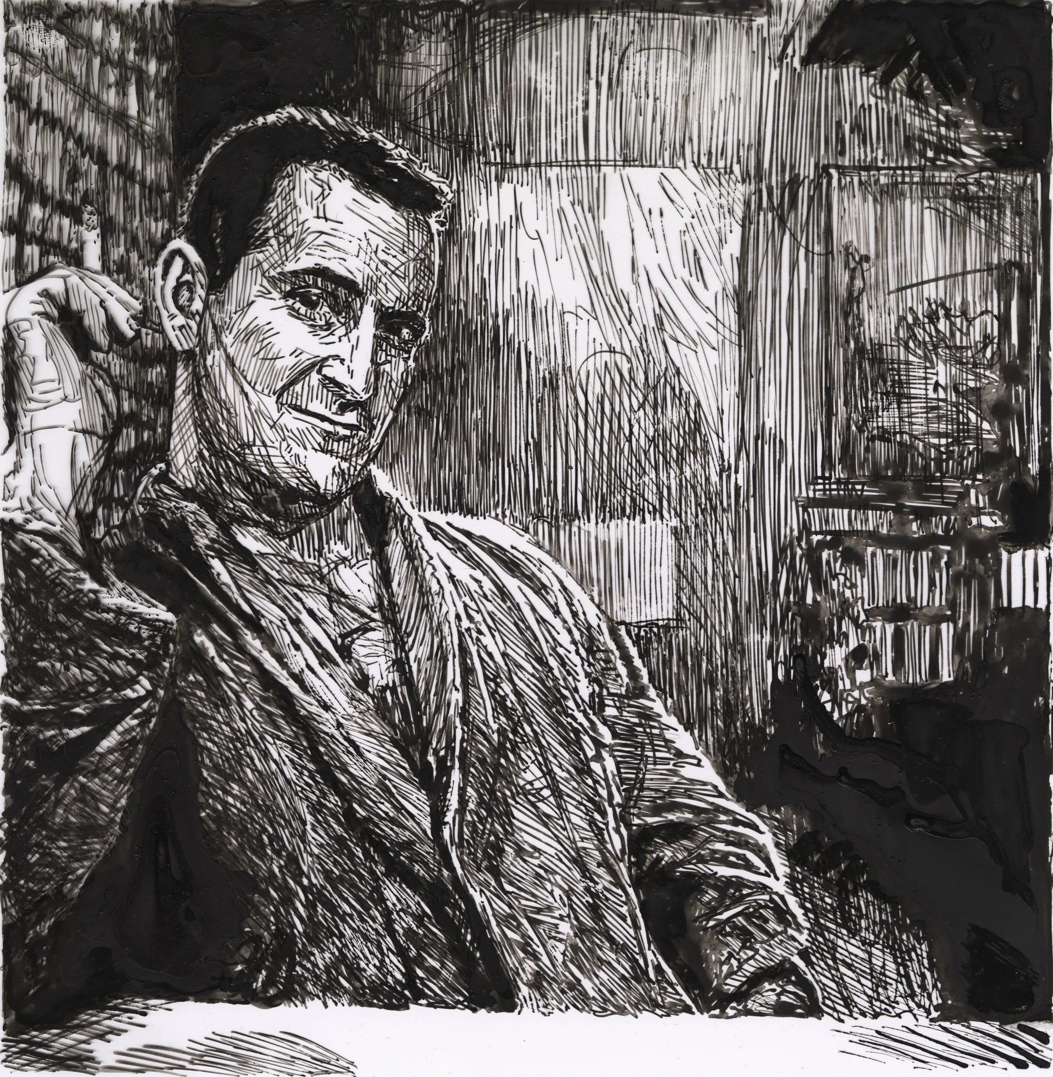 My Father in His Early Thirties, 2018, ink on Mylar, 8-1/8" x 8"