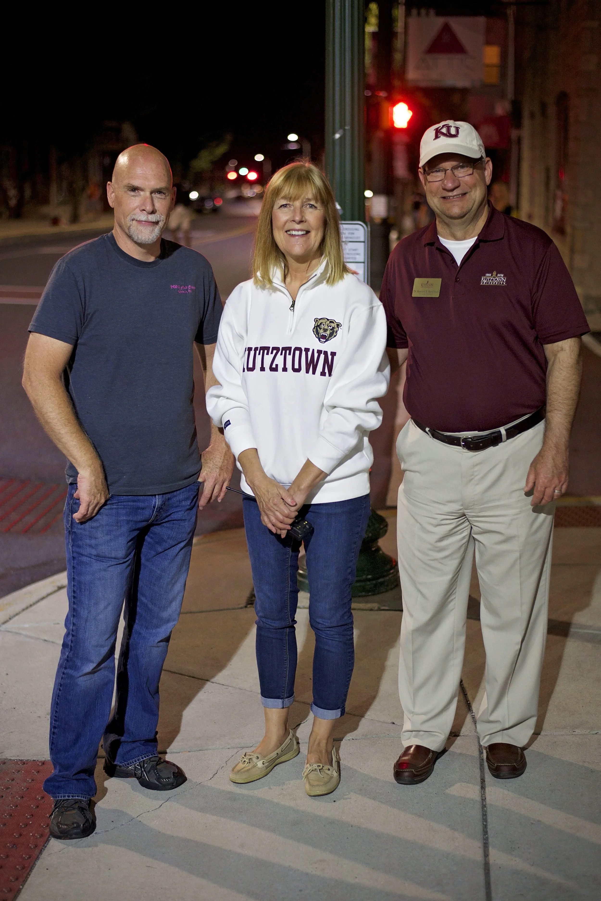 Pictured above, left to right: KCP President Joel Seidel, Mayor Sandy Green and Kutztown University President Dr. Kenneth Hawkinson walking the first midnight shift of the new semester.
