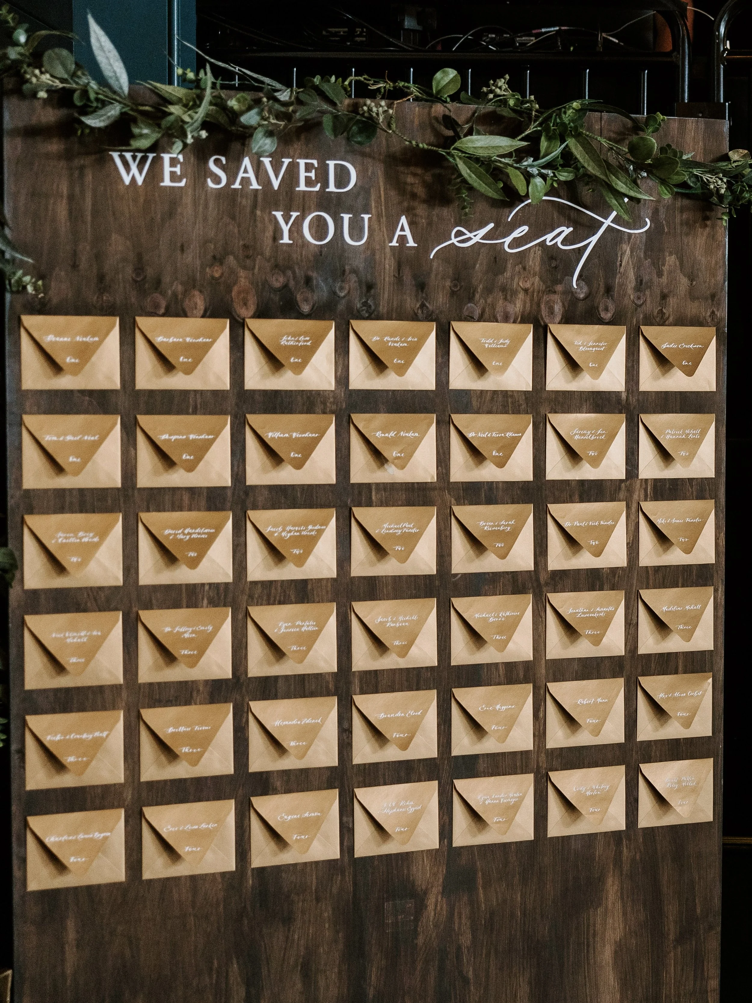 Custom calligraphy escort card display board hand-lettered for elegant wedding reception
