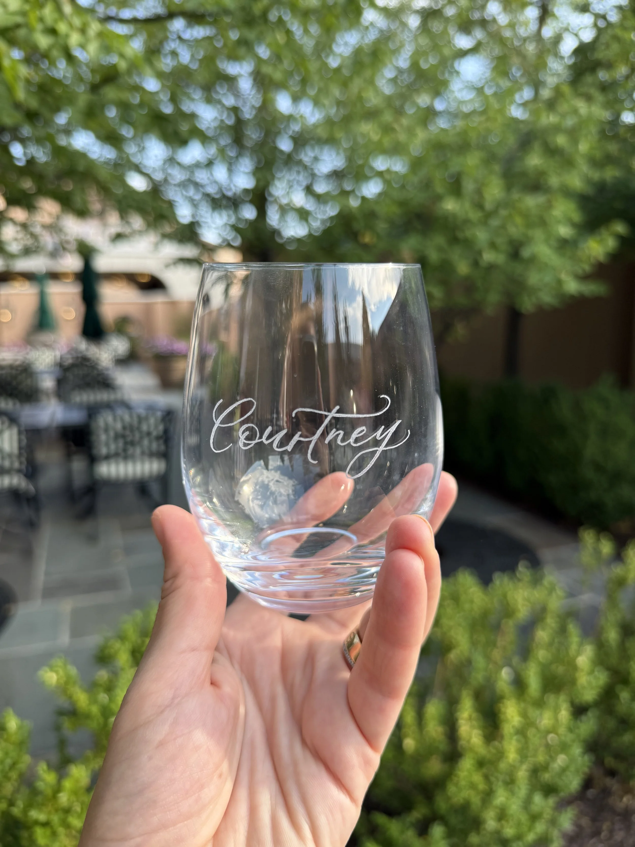 Custom calligraphy engraved glassware for corporate event or branded gifting