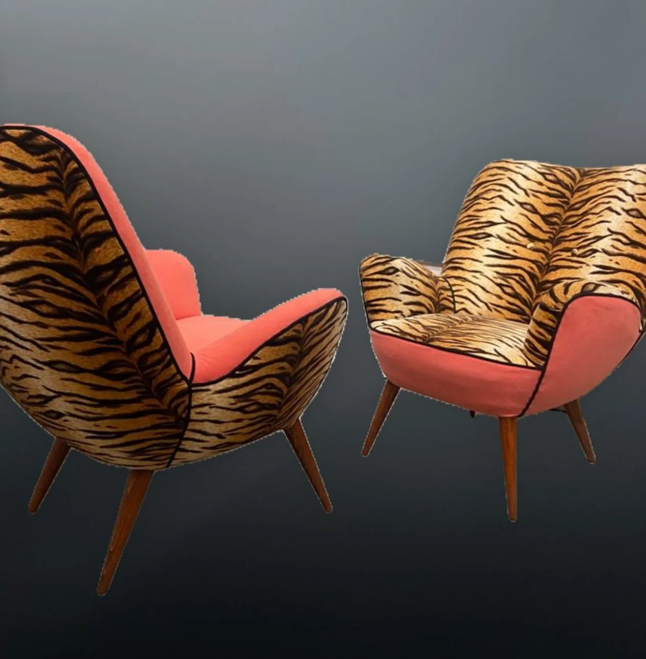 Pair 1950s Italian cocktail chairs in tiger print and coral velvet
