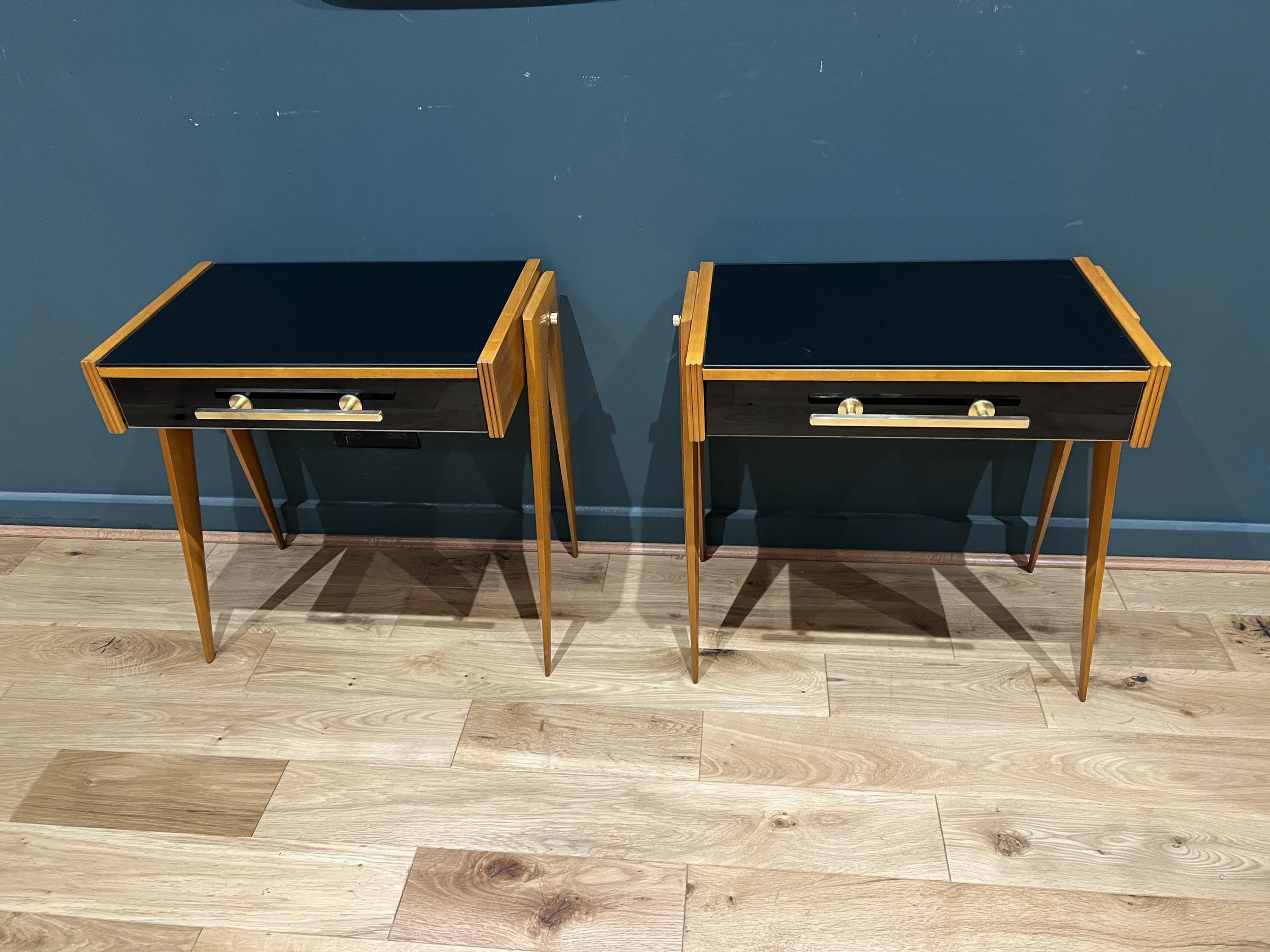 Pair of Italian bedside cabinets in black glass & wood