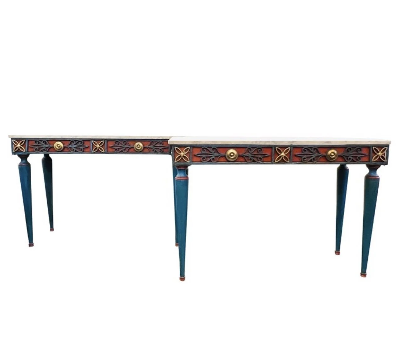 (SOLD)Pair Venetian painted wrought iron console tables with marble tops