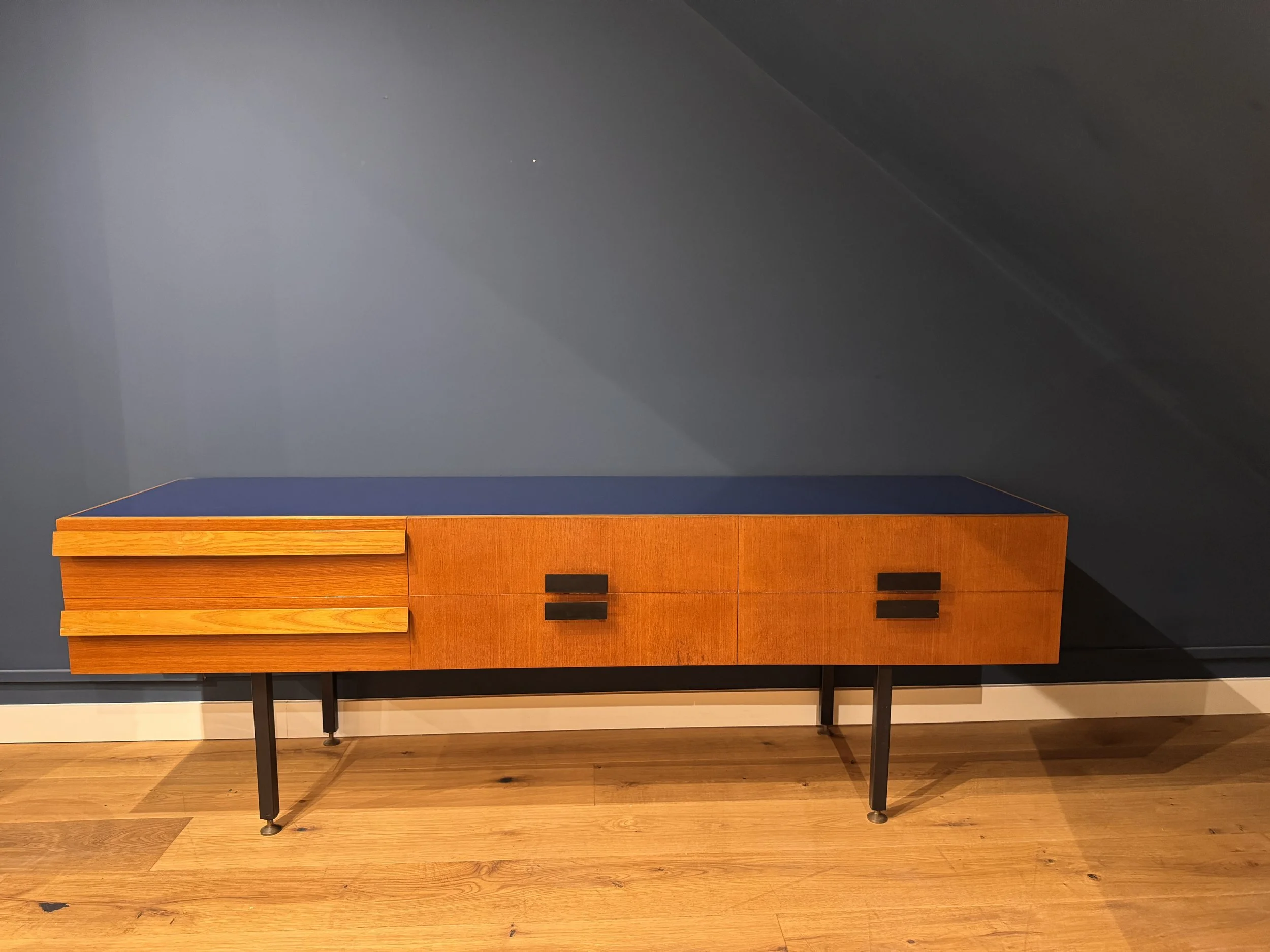 Italian 6 drawers credenza with cobalt blue glass top