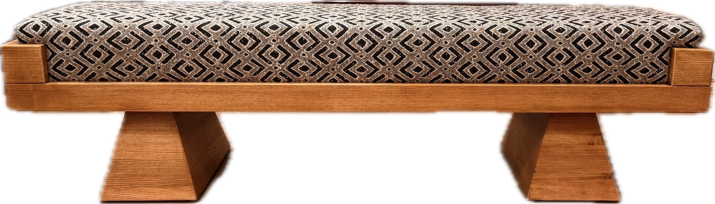 MTO Large Oakwood bench with fine Aztec pattern upholstery