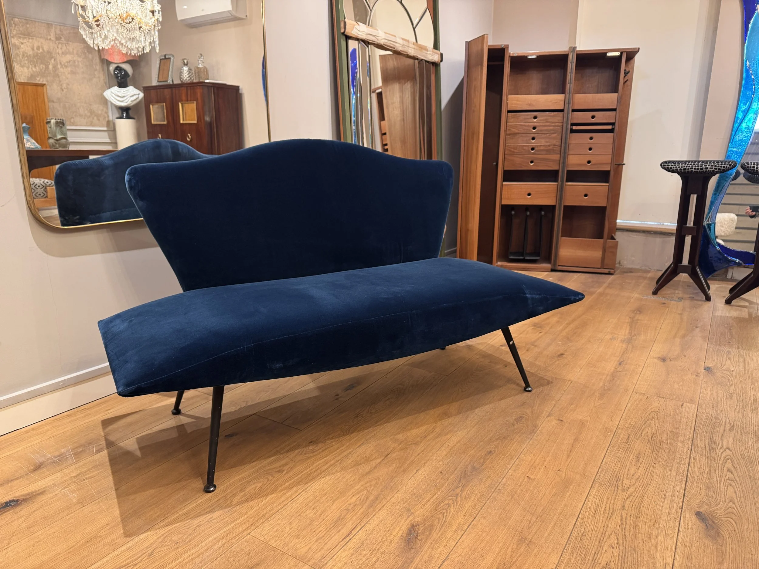 Italian 1950s loveseat bench in teal velvet
