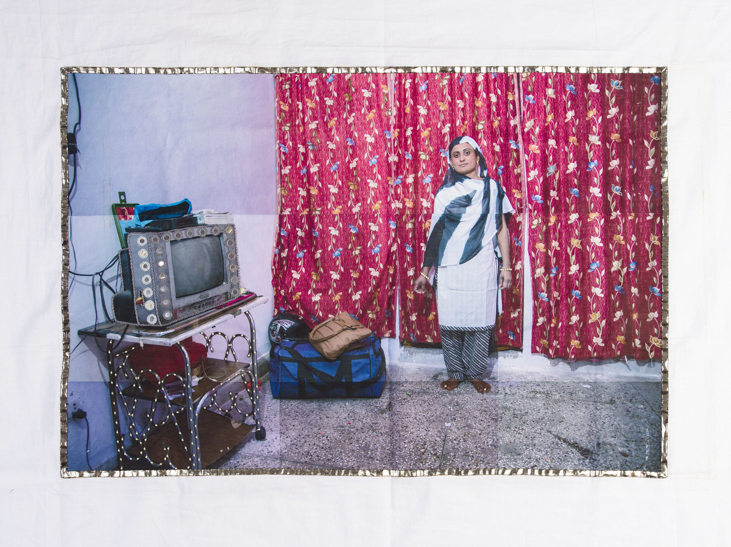  Spandita Malik  Firoza  2019  Photographic transfer on Khadi, Gotta Patti and Mirror Embroidery  23 x 33 inches; 29.5 x 37 inches (framed)    