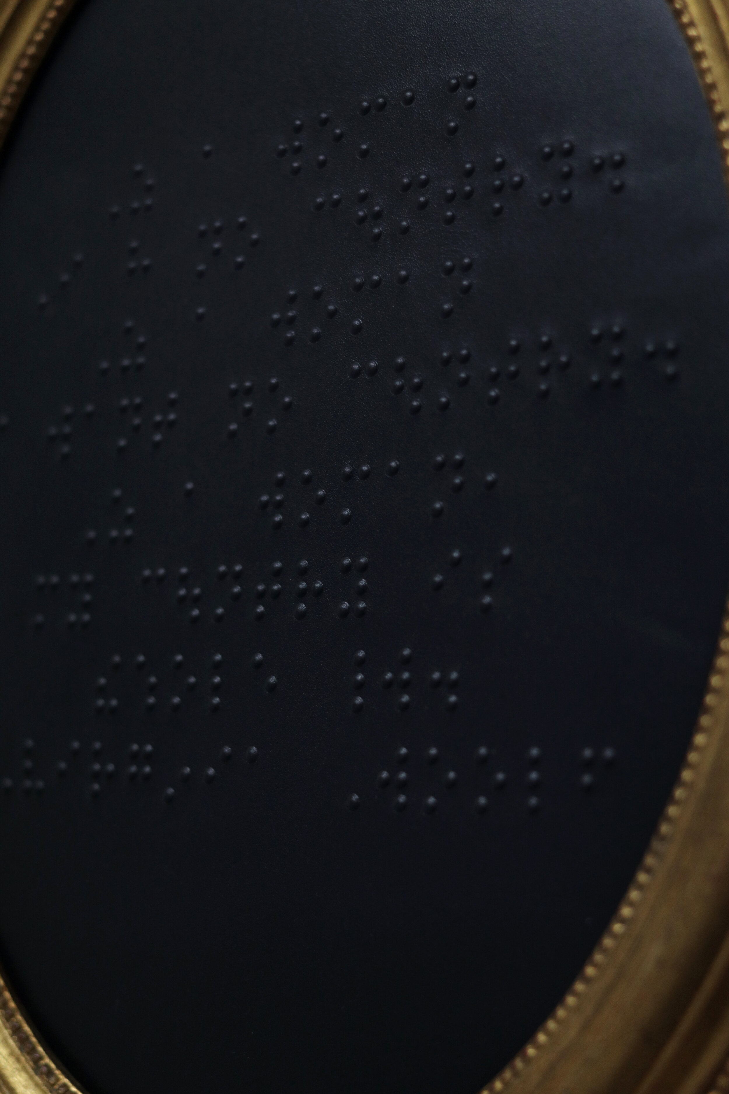  Jaye Moon  Black Mirror I (As a woman, I have no country. As a woman I want no country. As a woman my country is the whole world - Virginia Woolf), detail  2020  Virginia Woolf’s quote embossed on black leather mounted on mirror in gilded frame  14 