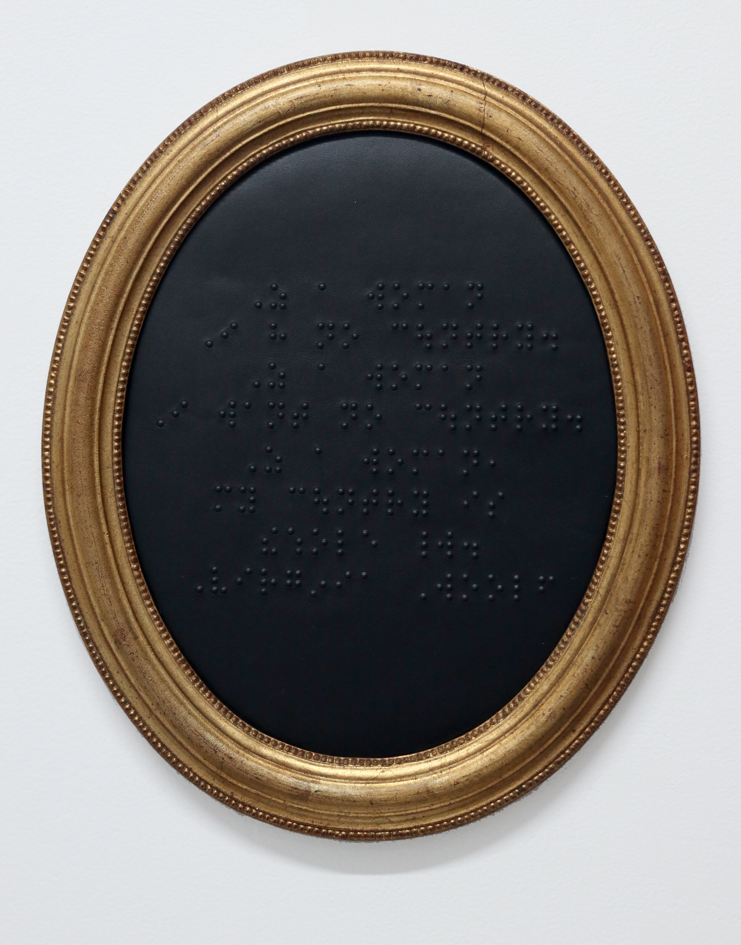  Jaye Moon  Black Mirror I (As a woman, I have no country. As a woman I want no country. As a woman my country is the whole world - Virginia Woolf)  2020  Virginia Woolf’s quote embossed on black leather mounted on mirror in gilded frame  14 x 11 ½ i