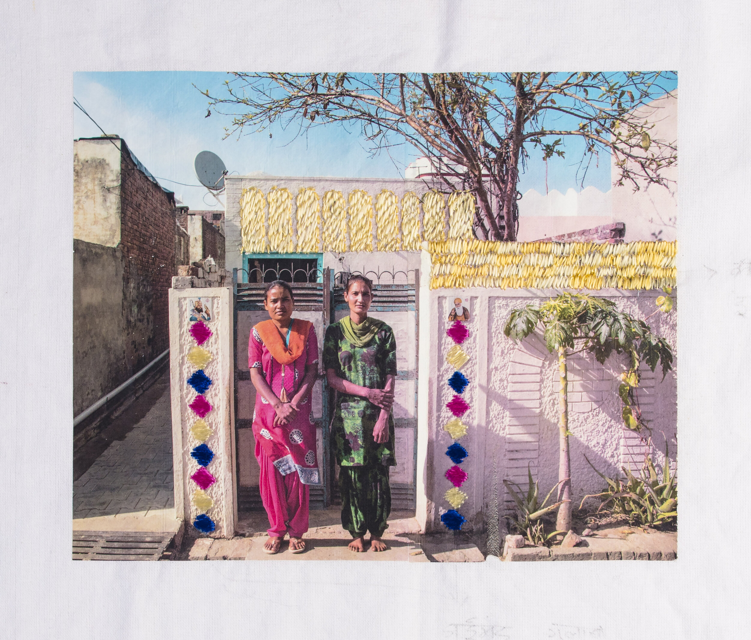  Spandita Malik  Jagdeep Kaur &amp; Guldeep Kaur  2019  Photographic transfer Print on Khaddar fabric, Phulkari Silk thread embroidery  22.5 x 17.75&nbsp;inches 