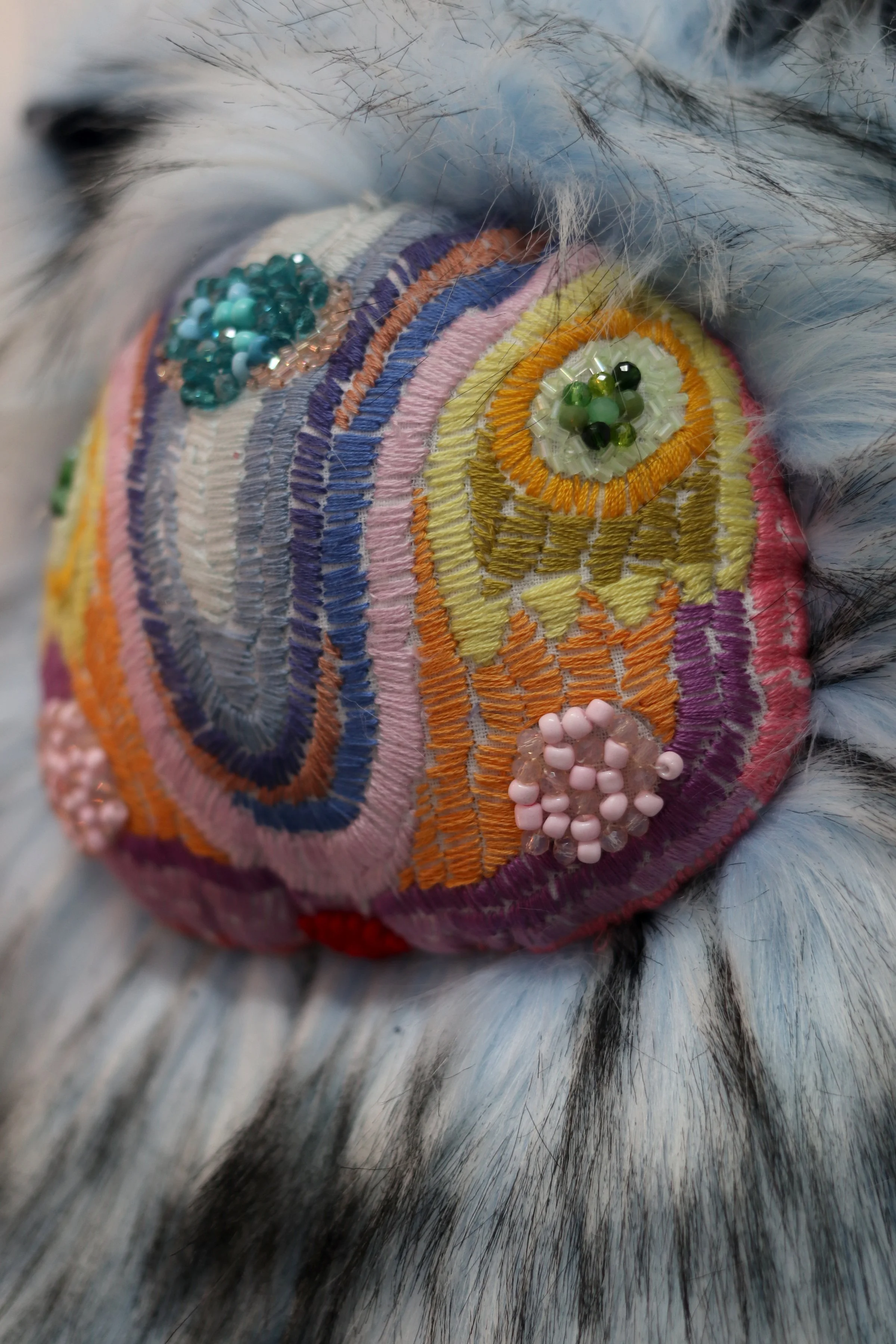  Uta Bekaia  Great Creatures from Safe Spaces, No.1  2021  Faux fur, velvet embroidery and rhinestones  22 x 21 x 15 inches (unique)  Detail 