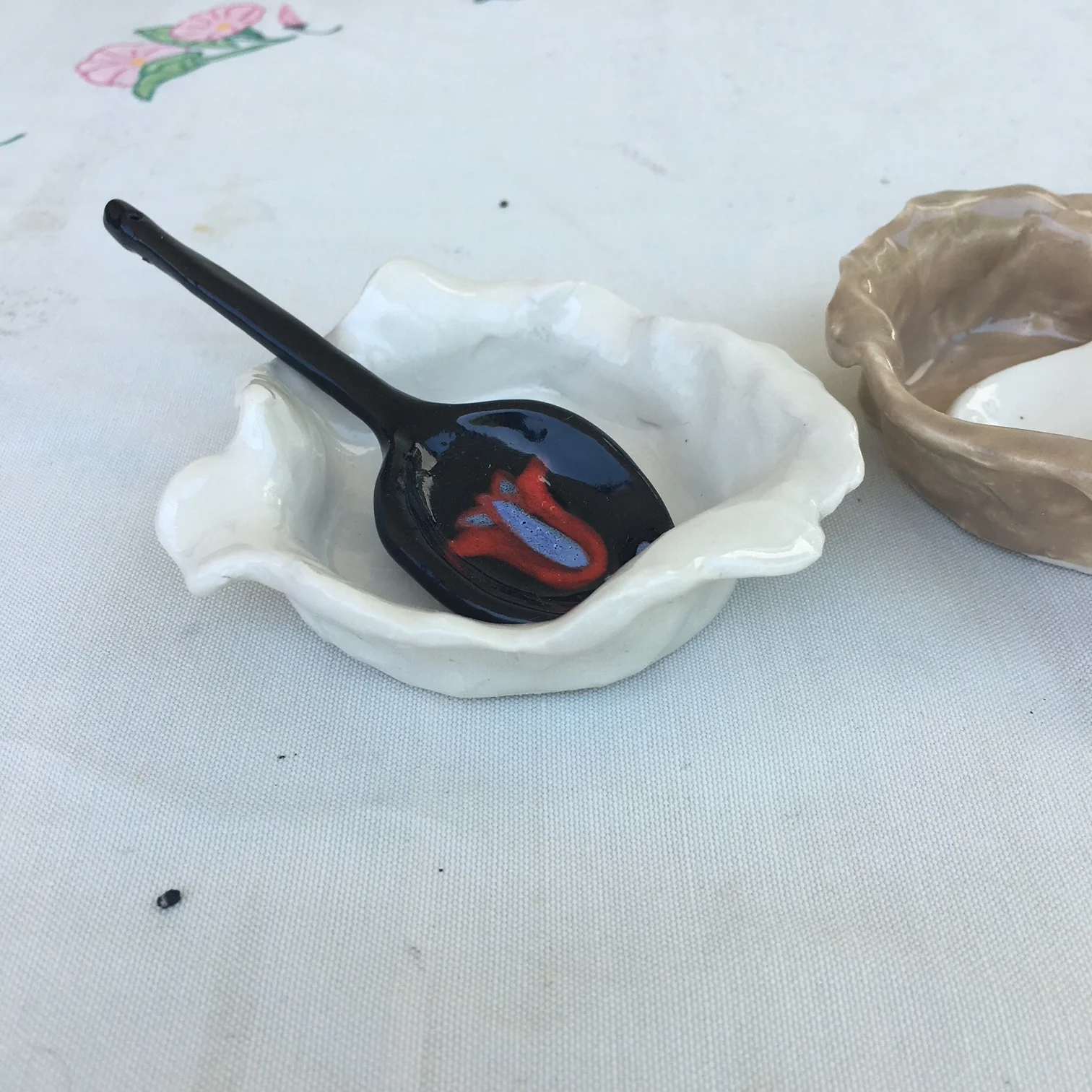 Salt cellar white with black tulip spoon.JPG