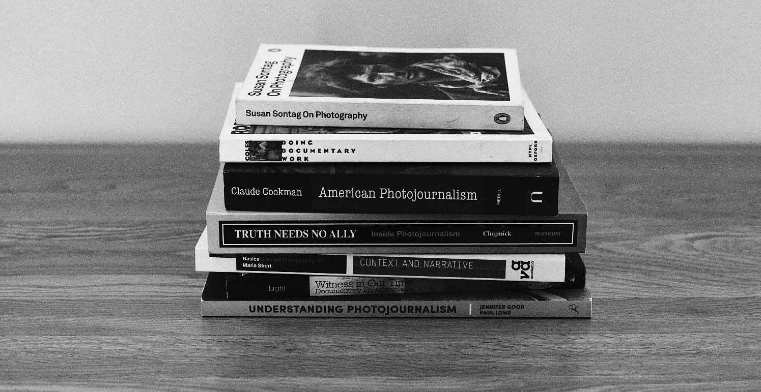 Stack of documentary photography text books.