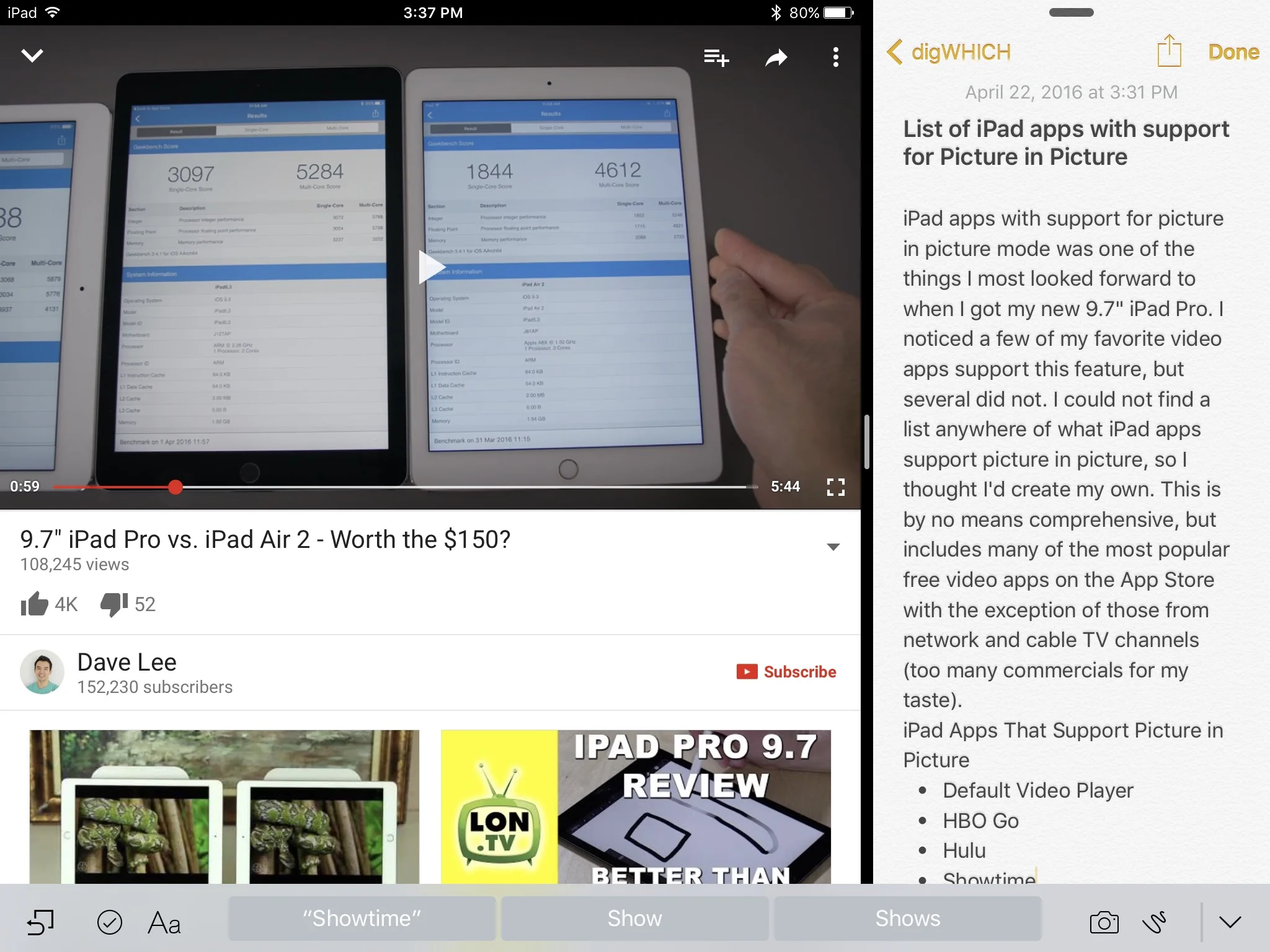 YouTube doesn't support PiP, but does at least support split-screen