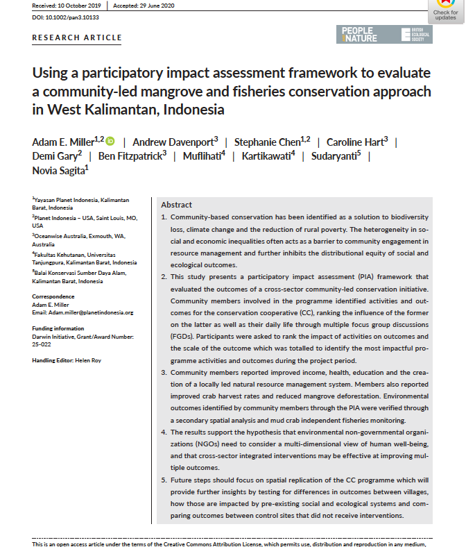 Using a participatory impact assessment framework to evaluate a community-led mangrove and fisheries conservation approach in West Kalimantan, Indonesia