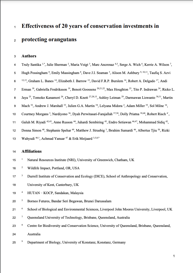 Effectiveness of 20 years of conservation investments in 2 protecting orangutans