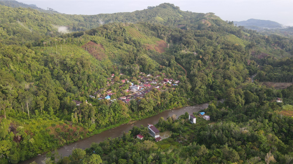 Aerial view of Ladak Hamlet surrounded by forested hills