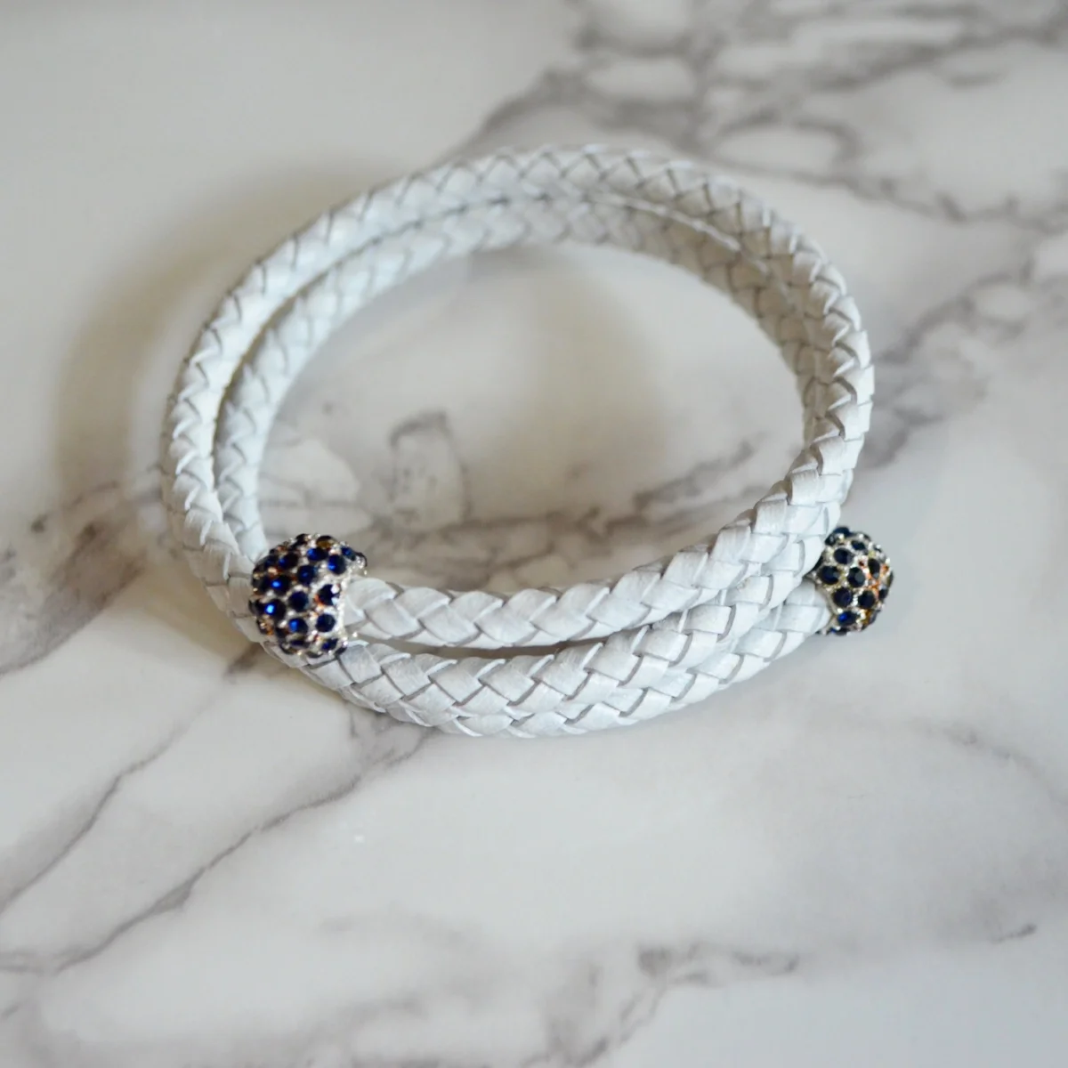 White Pelham Leather Wrap Bracelet with navy